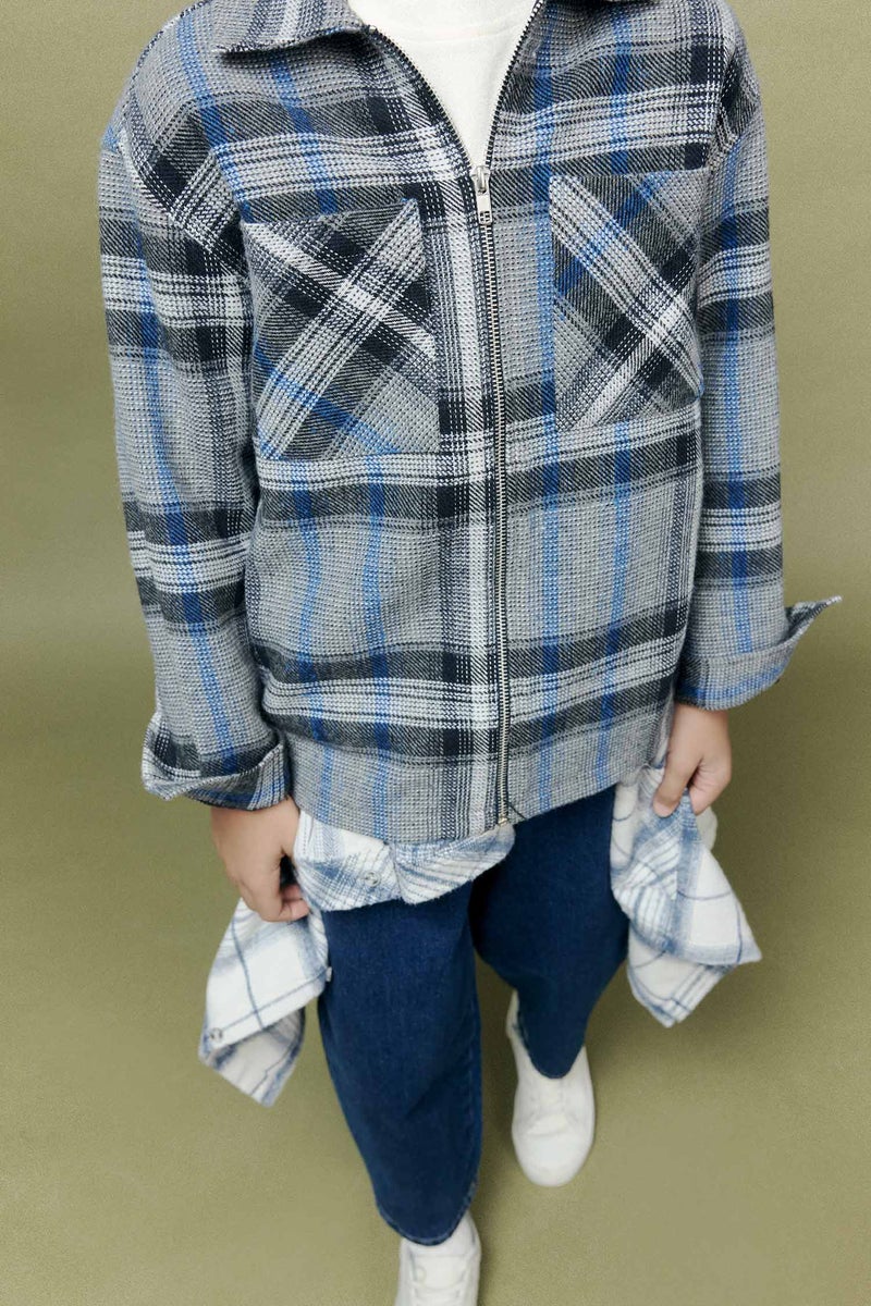 DeFacto Blue Boy Boy Polo Neck Plaid Zippered Jacket Casual - Image 3